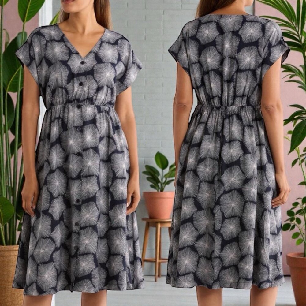 Nordstrom Rack Button Front Shirt Dress Navy Floral Linen Blend Summer L